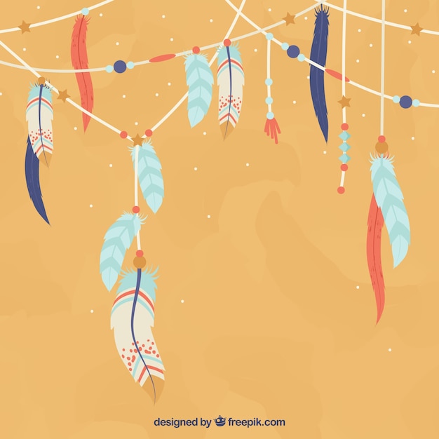 Boho background with garlands of colored feathers