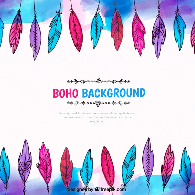 Boho background with watercolor feathers