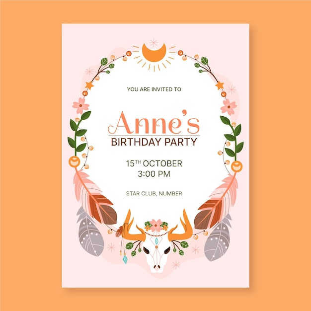 Boho birthday invitation template