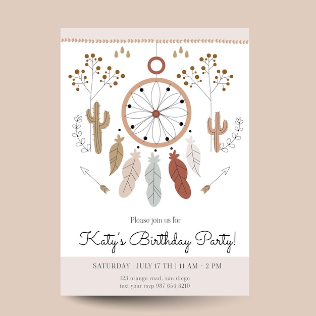 Boho birthday invitation template