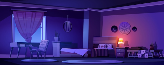 Free vector boho, bohemian bedroom empty interior at night