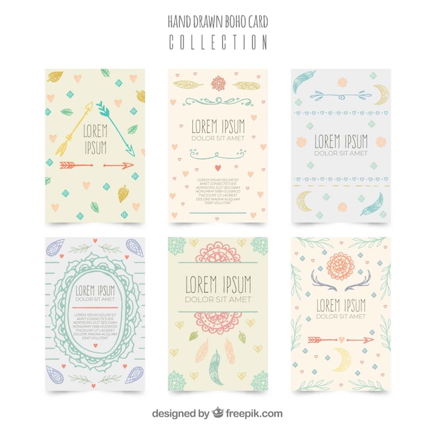 Free Vector boho cards collection in hand drawn style