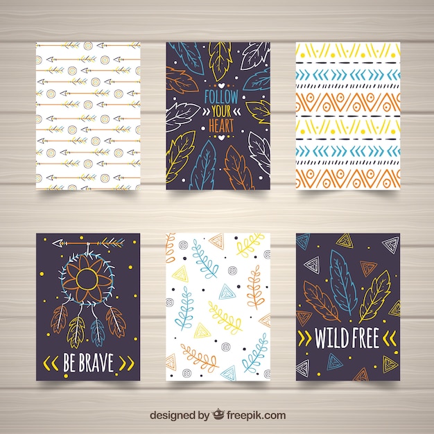 Boho cards collection in hand drawn style