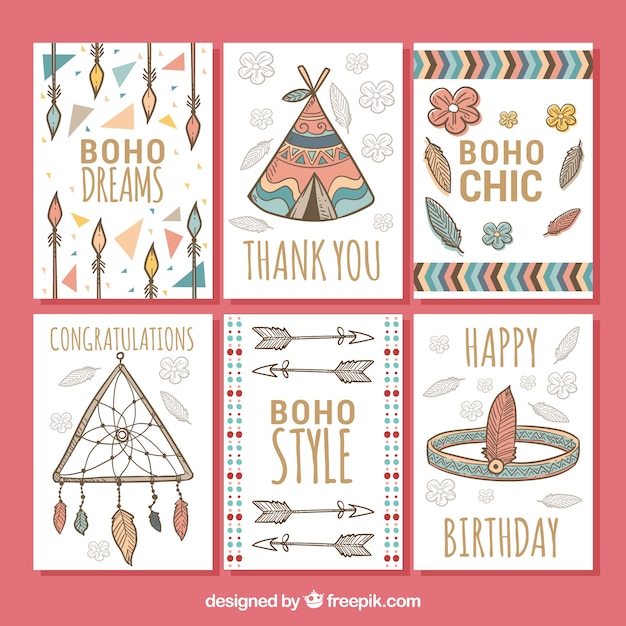 Free vector boho cards collection in hand drawn style