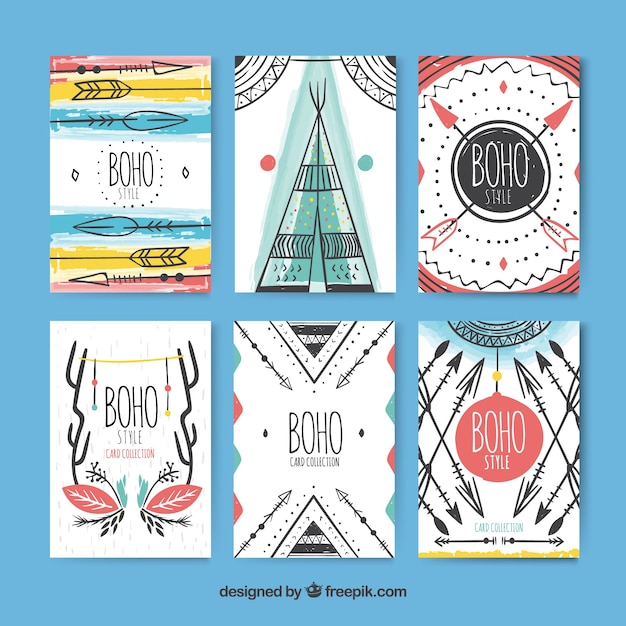 Boho cards collection in hand drawn style