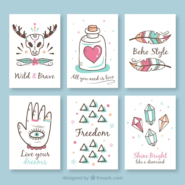 Free Vector boho cards collection in hand drawn style