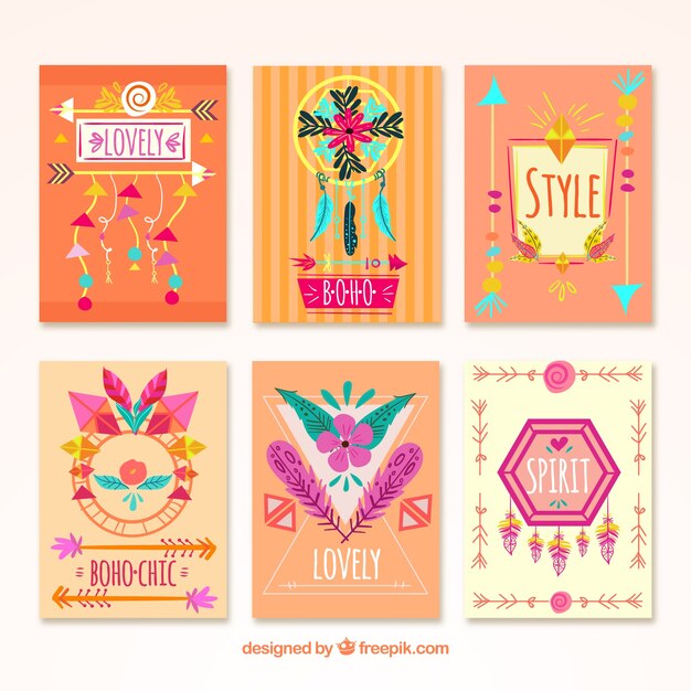 Boho cards collection with hippie elements