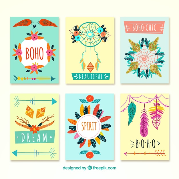 Boho cards collection with hippie elements