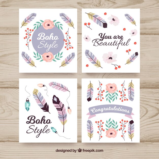 Boho cards collection with hippie elements