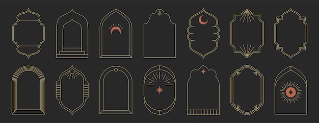 Free Vector boho line art islamic windows aesthetic linear muslim architecture doors and mosque arches