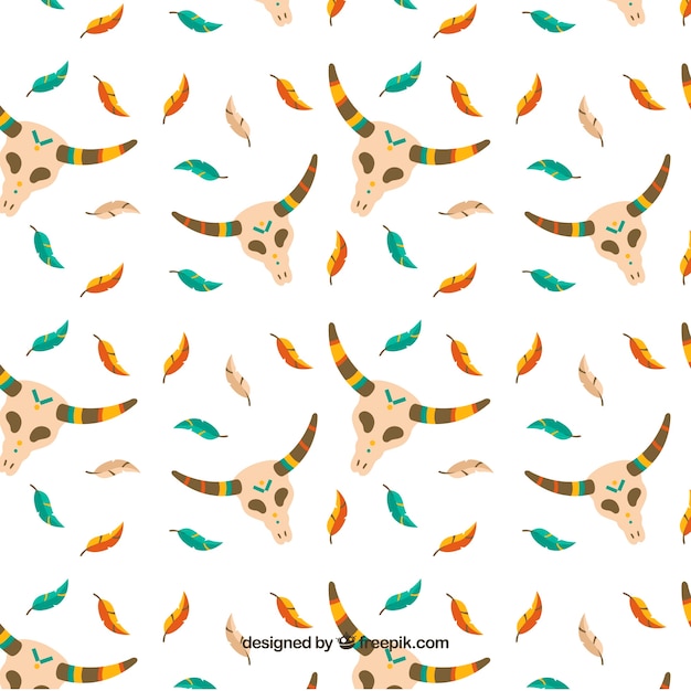 Free vector boho pattern with feathers and skulls