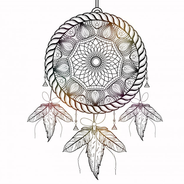  Boho style Dream Catcher with ornamental tribal floral pattern. Creative hand drawn ethnic decorative element. 