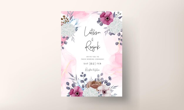 boho wedding invitation card with beautiful flower and leaves