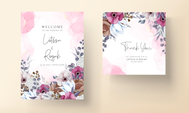 boho wedding invitation card with beautiful flower and leaves