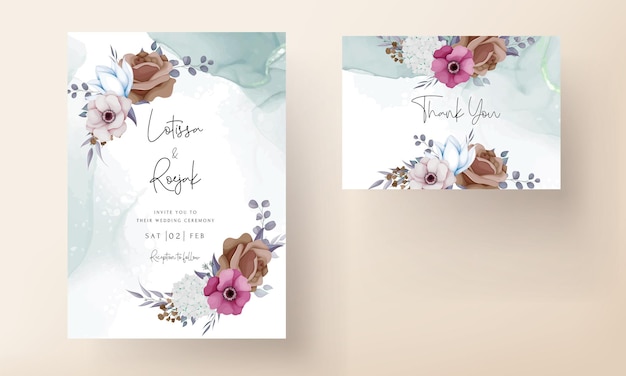 boho wedding invitation card with beautiful flower and leaves