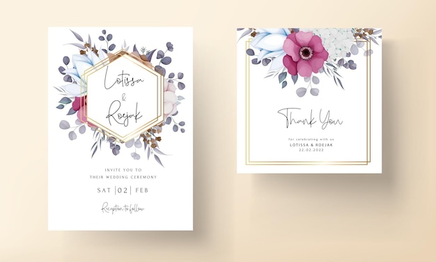 boho wedding invitation card with beautiful flower and leaves