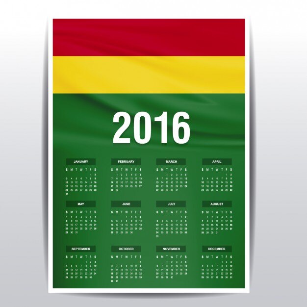 Free Vector bolivia calendar of 2016