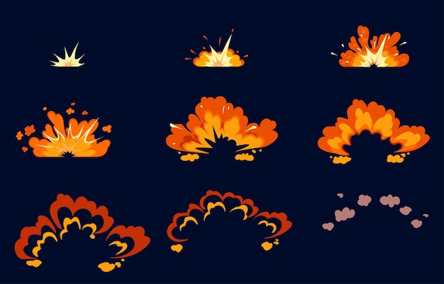 Bomb explosion icon set step-by-step animation with boom effect on black