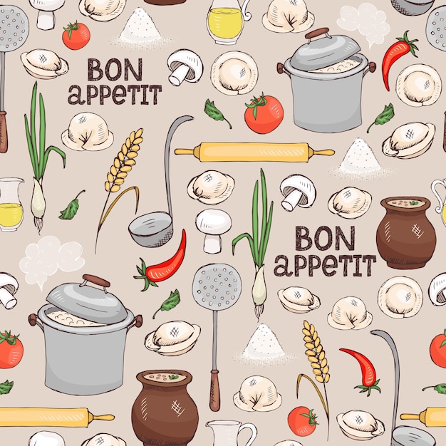 Free Vector bon appetit seamless background pattern with scattered ingredients and kitchen utensils for making italian ravioli pasta in square format suitable for wallpaper  wrapping paper and fabric