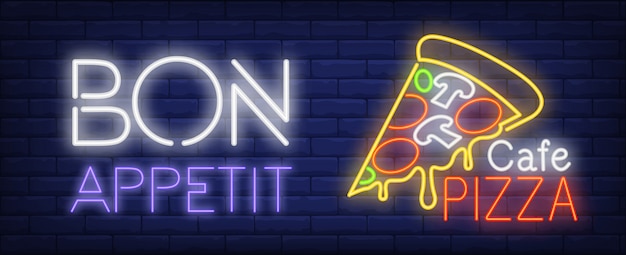 Free Vector bon appetite cafe pizza neon sign. pizza slice with melted cheese on dark blue brick wall.