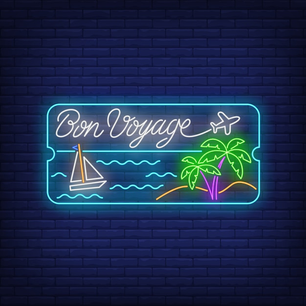 Free Vector bon voyage neon lettering with sea beach, palm trees and ship