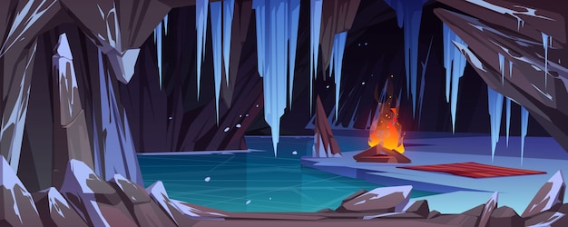 Free vector bonfire in dark ice cave with snow, frozen water and icy crystals.