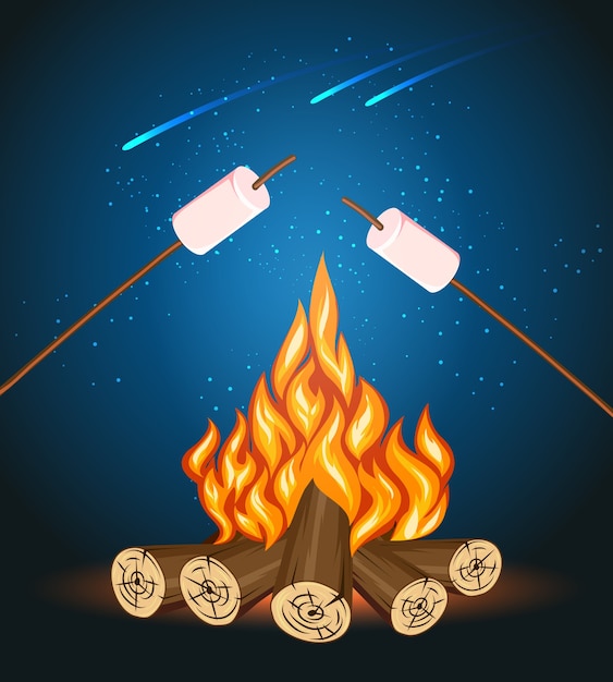 Bonfire with marshmallow, camping grill marshmallow vector illustration. Marshmallow outdoor, campfire night, food marshmallow stick