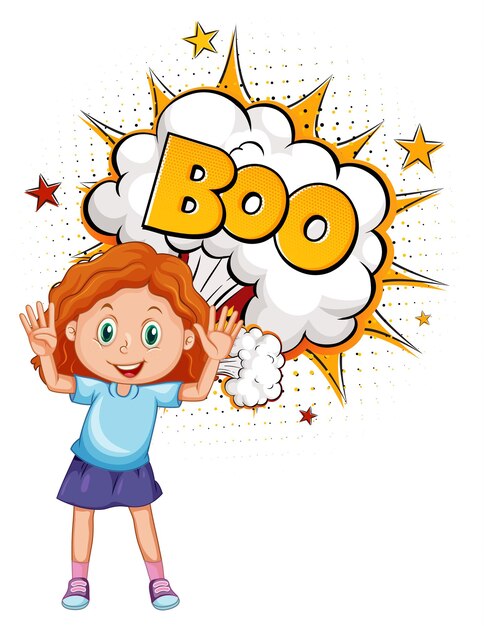 BOO word on bomb explosion with a girl cartoon character isolated