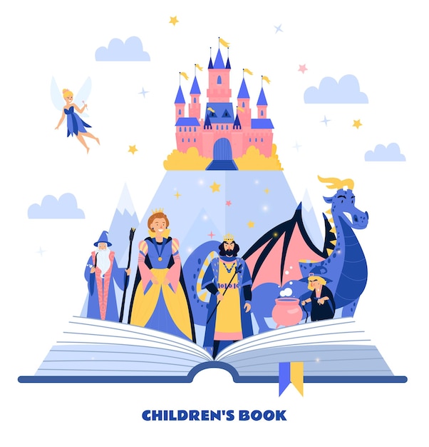 Free Vector book for children illustration with fairy tale characters at medieval castle