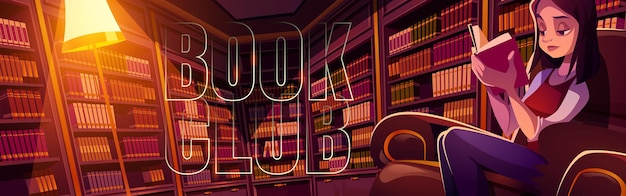 Book club cartoon banner young woman reading in library at night