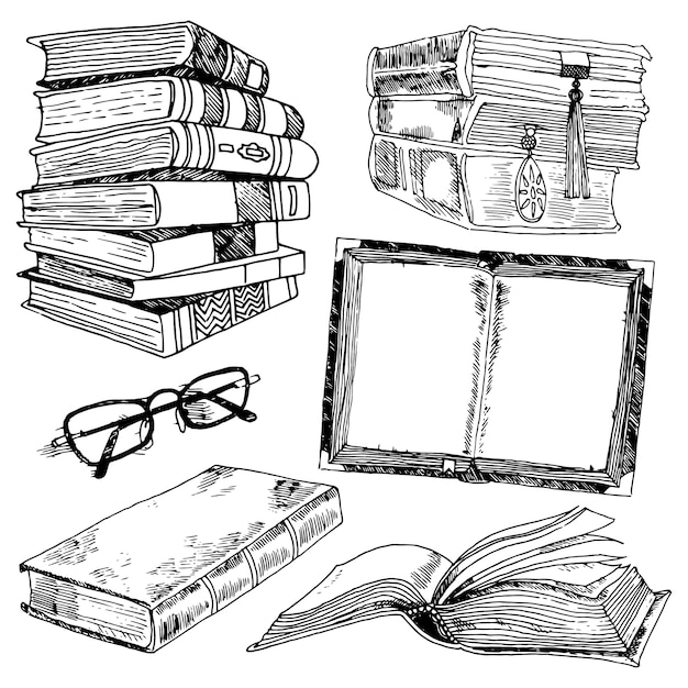 Free Vector book and glasses library collection black sketch decorative icons set isolated vector illustration