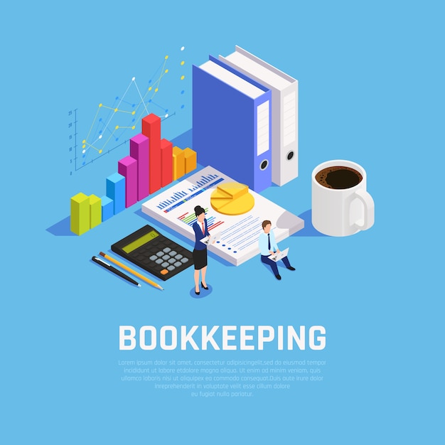 Free Vector book keeping isometric composition with charts documentation and accountants during work on blue