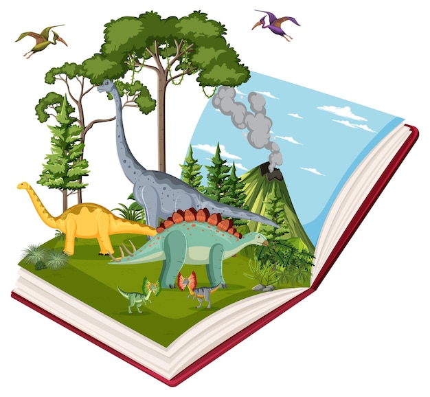 Book with scene of dinosaurs in forest