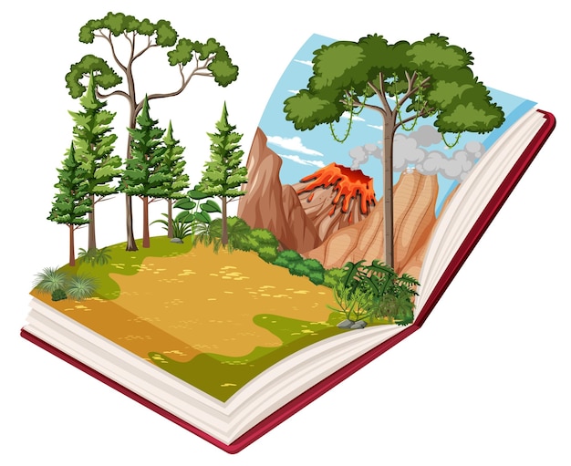 Book with scene of volcano in forest