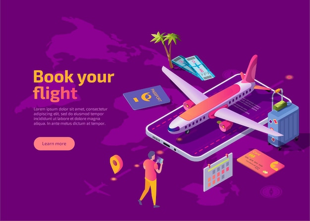 Free Vector book your flight isometric landing page.