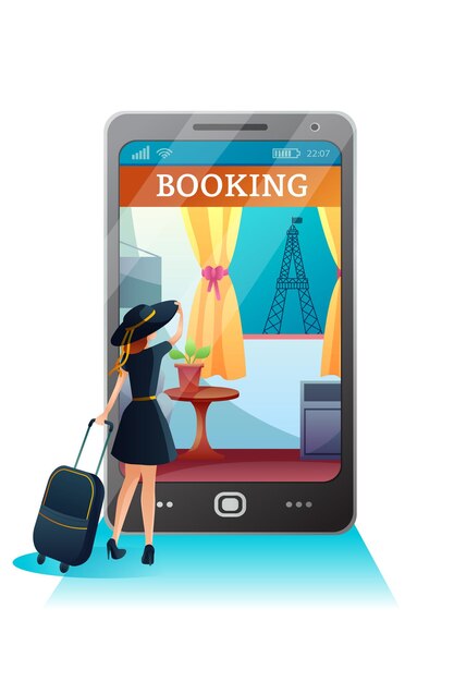 Booking hotel online illustration young girl uses smartphone for online reservation Cartoon tourist with suitcase Paris hotel with Eiffel Tower view mobile service for traveling