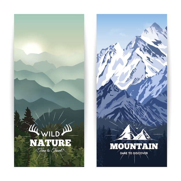 Free Vector bookmark like landscape banners of wild forest before haze hills and winter mountains