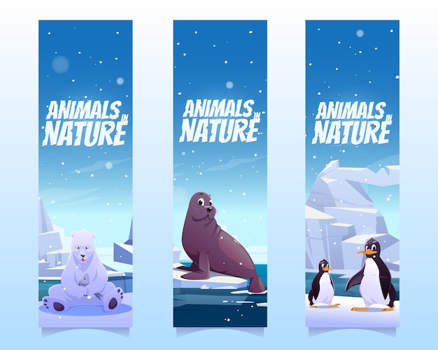 Free Vector bookmarks with penguins, polar bear and seal on floe in sea. vector vertical banners of animals in nature with cartoon illustration of wild animals of antarctica, north pole and alaska