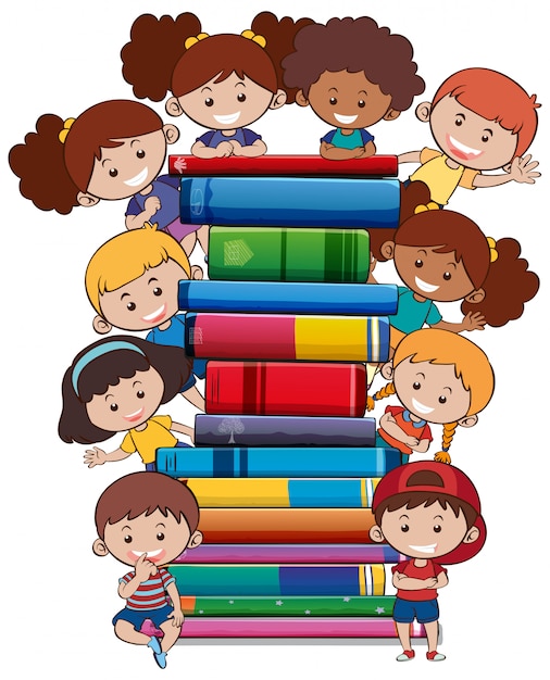 Free Vector books with children on white background