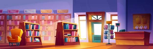 Free Vector bookstore interior with books on shelves and racks