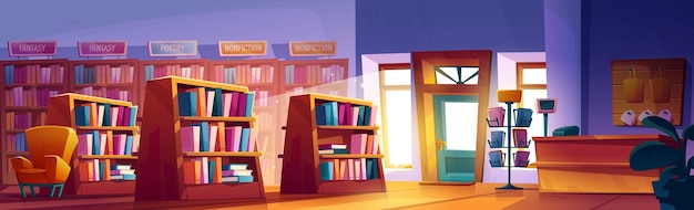 Free vector bookstore interior with books on wooden shelves