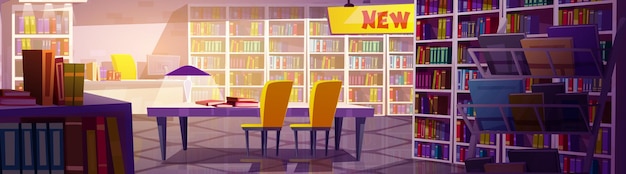 Free Vector bookstore or library interior with books on racks