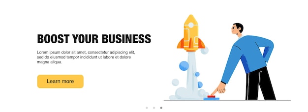 Boost your business web banner Startup success launch project concept with man push on start button and rocket fly up Management and development innovation Line art flat vector footer or header