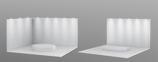 Free Vector booth stand with platform and spotlights 3d mockup