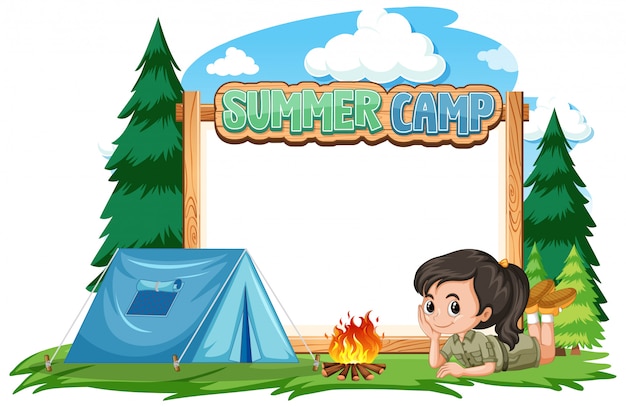 Border template design with girl at summer camp