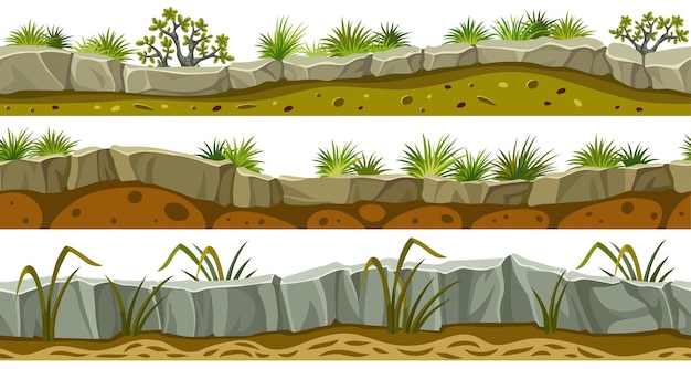 borders set of gray rock and grass with soil