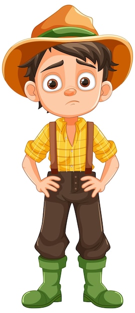 Free Vector bored sad boy in farmer overalls cartoon character