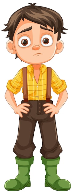 Free Vector bored sad boy in farmer overalls cartoon character