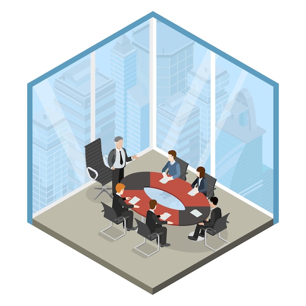 Free Vector boss meeting business center glass corner room cabinet flat 3d isometric web illustration