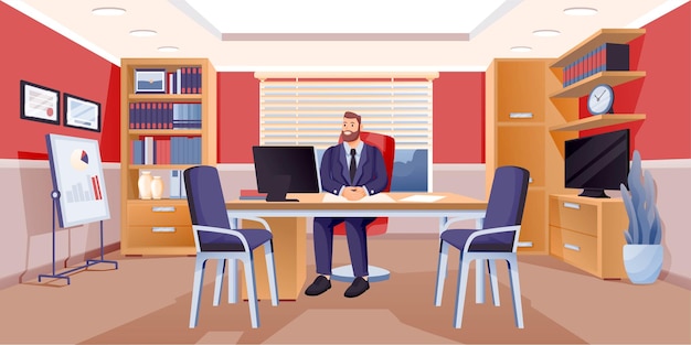 Boss sitting in business office happy executive or ceo of company working at desk computer Workplace modern interior design background